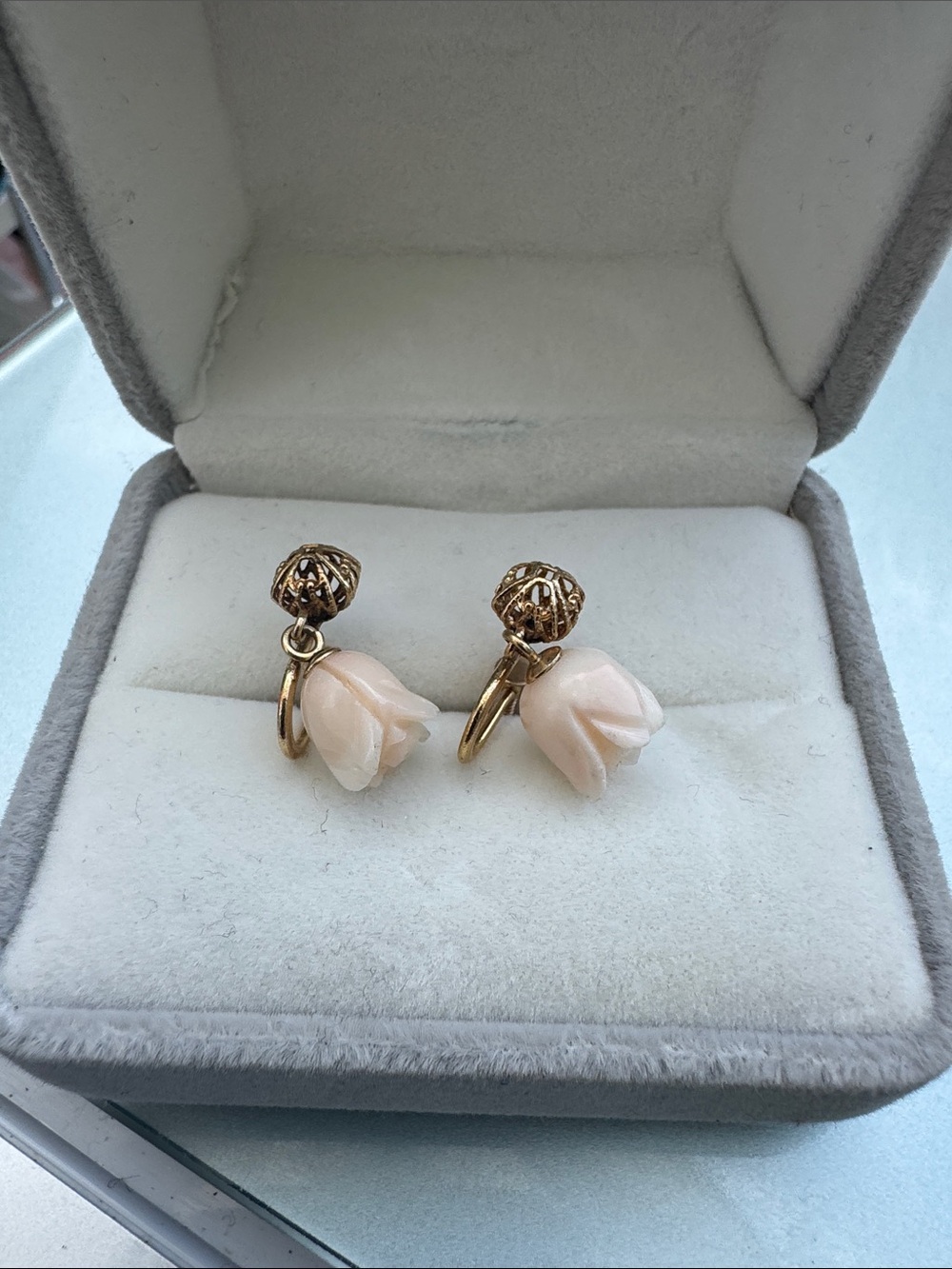 Gold-Tone Rose Drop Earrings in Pale Pink